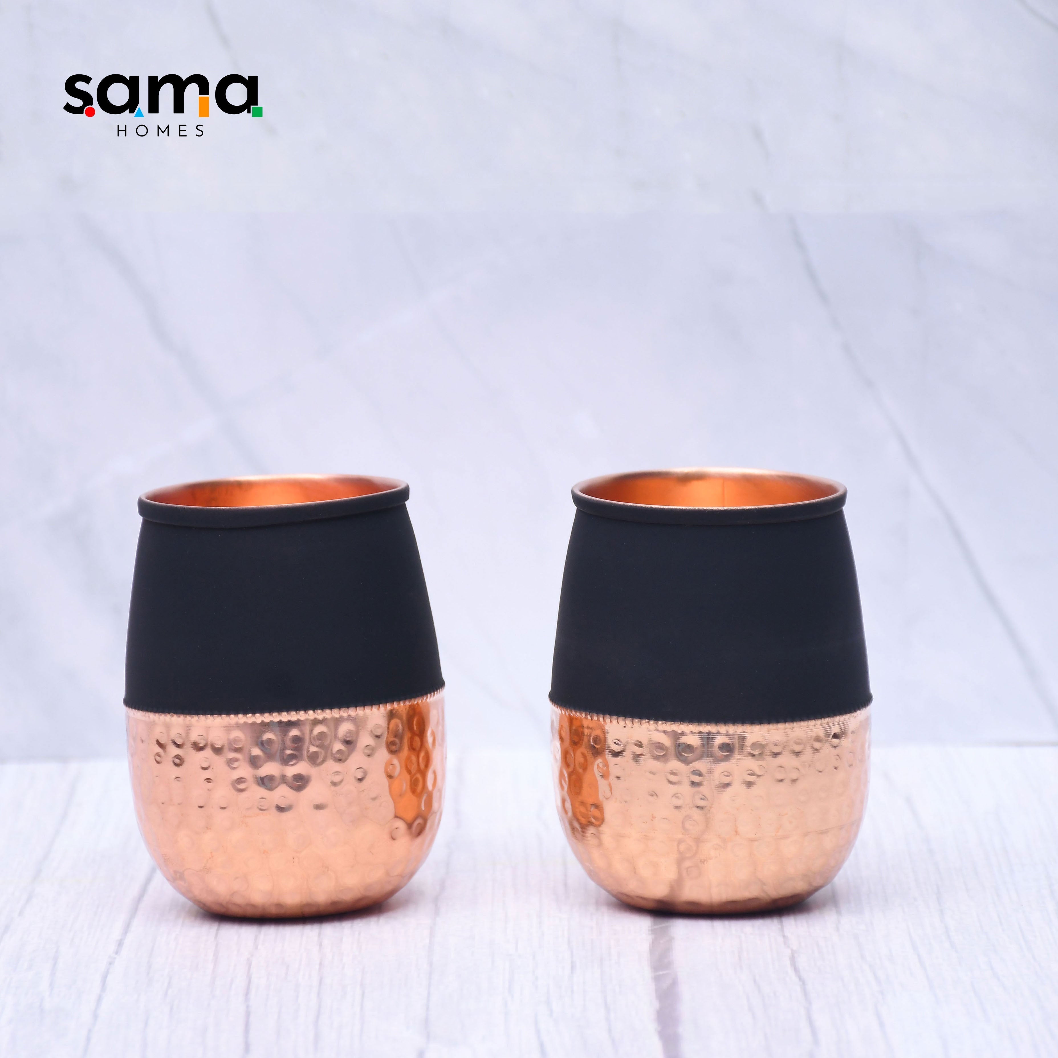 Pure Copper Water Glass Set of 2 Silk Black Half Hammered Dholak Tumbler Capacity 250ML