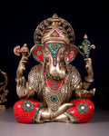 Pure Brass Dagduseth Ganapati in Saadhna – ring stones Meenakari Stonework 18"