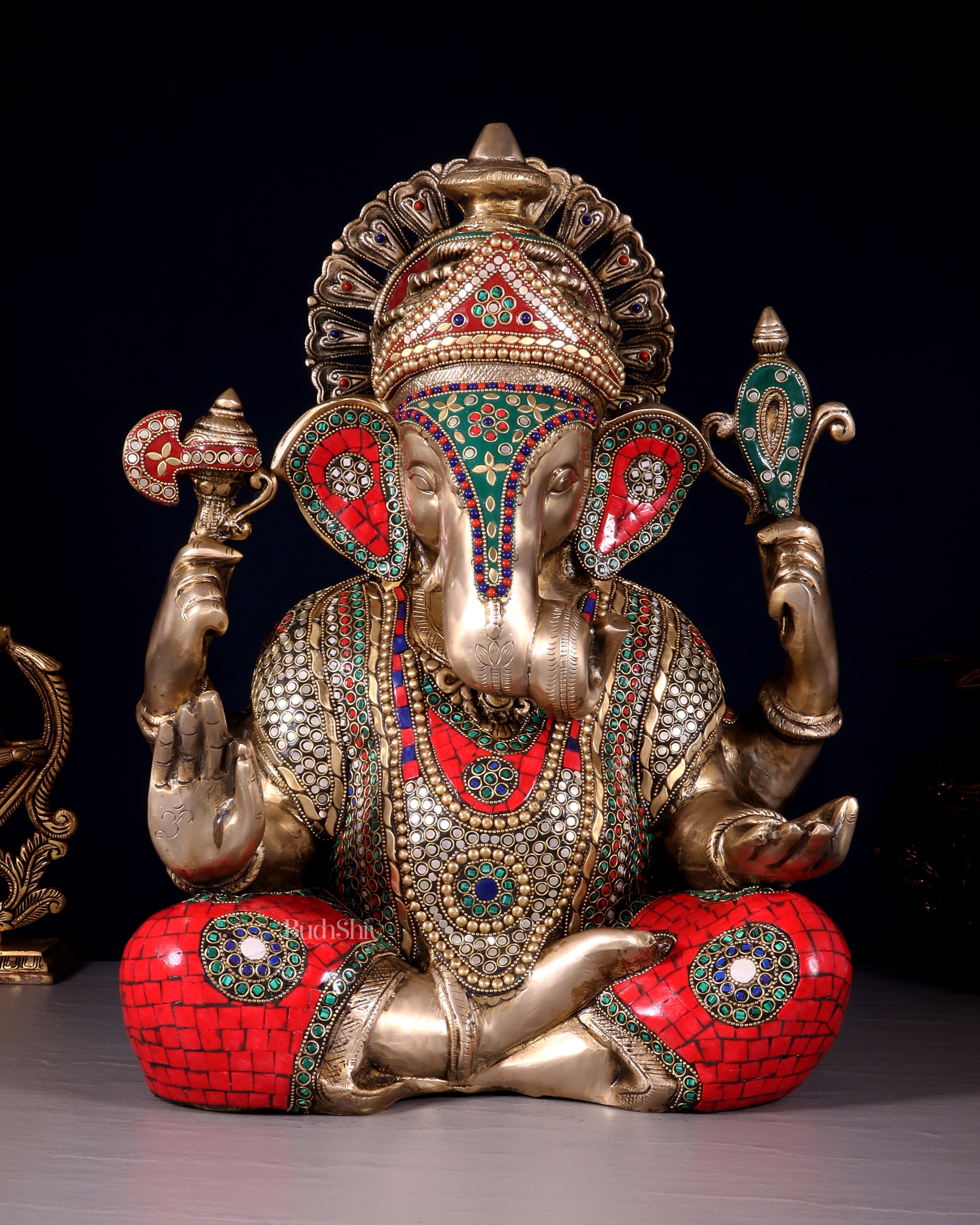 Pure Brass Dagduseth Ganapati in Saadhna – ring stones Meenakari Stonework 18"