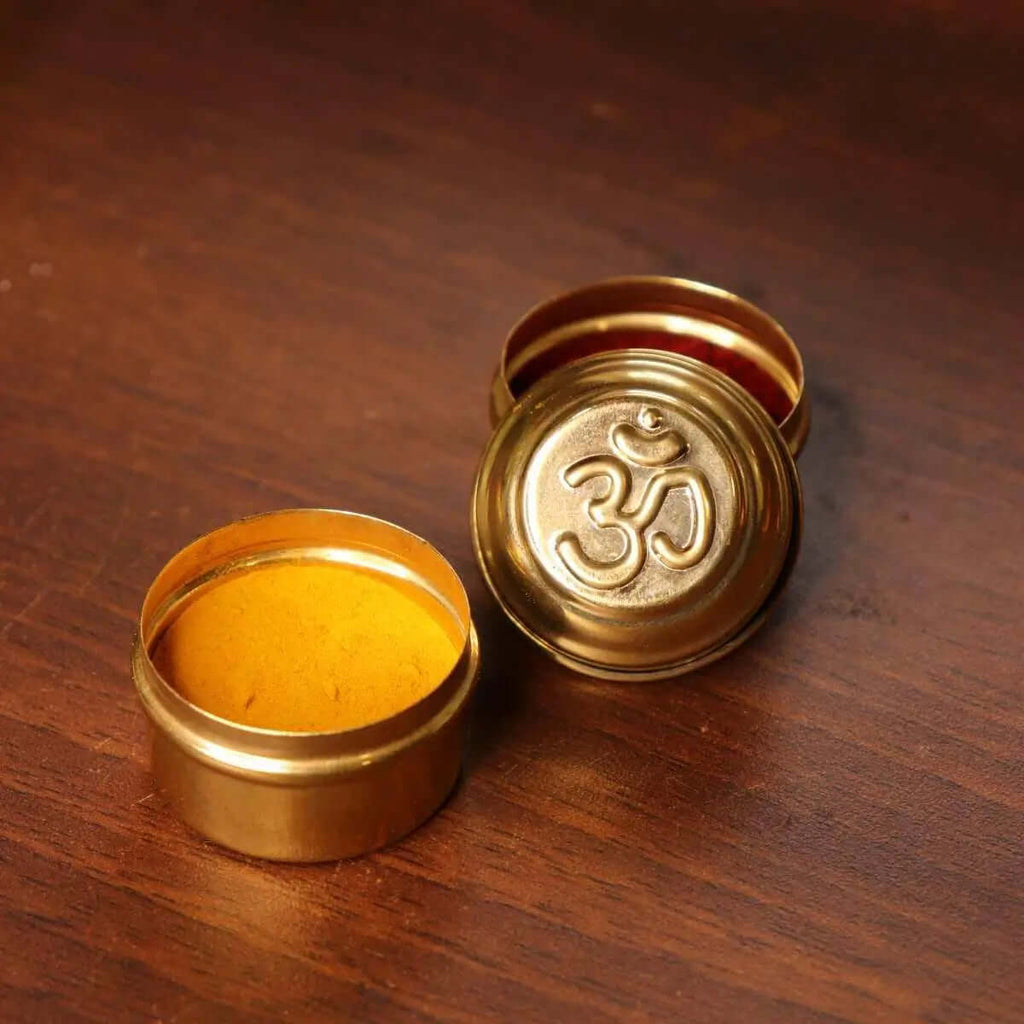Brass Sindoor Dibbi OM-Set of 4 | Kumkum Box | Sindoor Dani for Festival gifts | class MsoNormal Brass