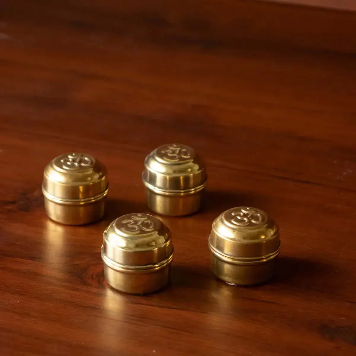 Brass Sindoor Dibbi OM-Set of 4 | Kumkum Box | Sindoor Dani for Festival gifts | class MsoNormal Brass