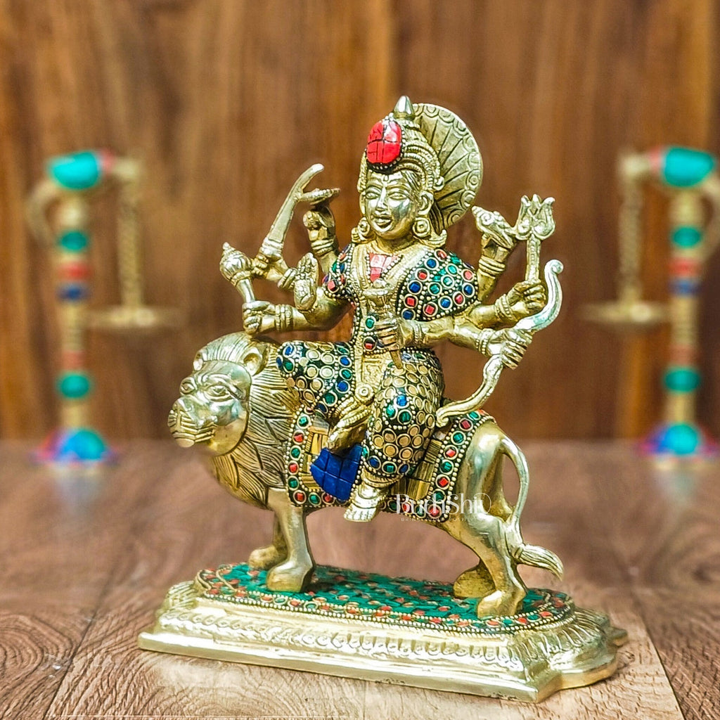 Brass Superfine Durga statue with Stonework 10 " | Brass Superfine Durga