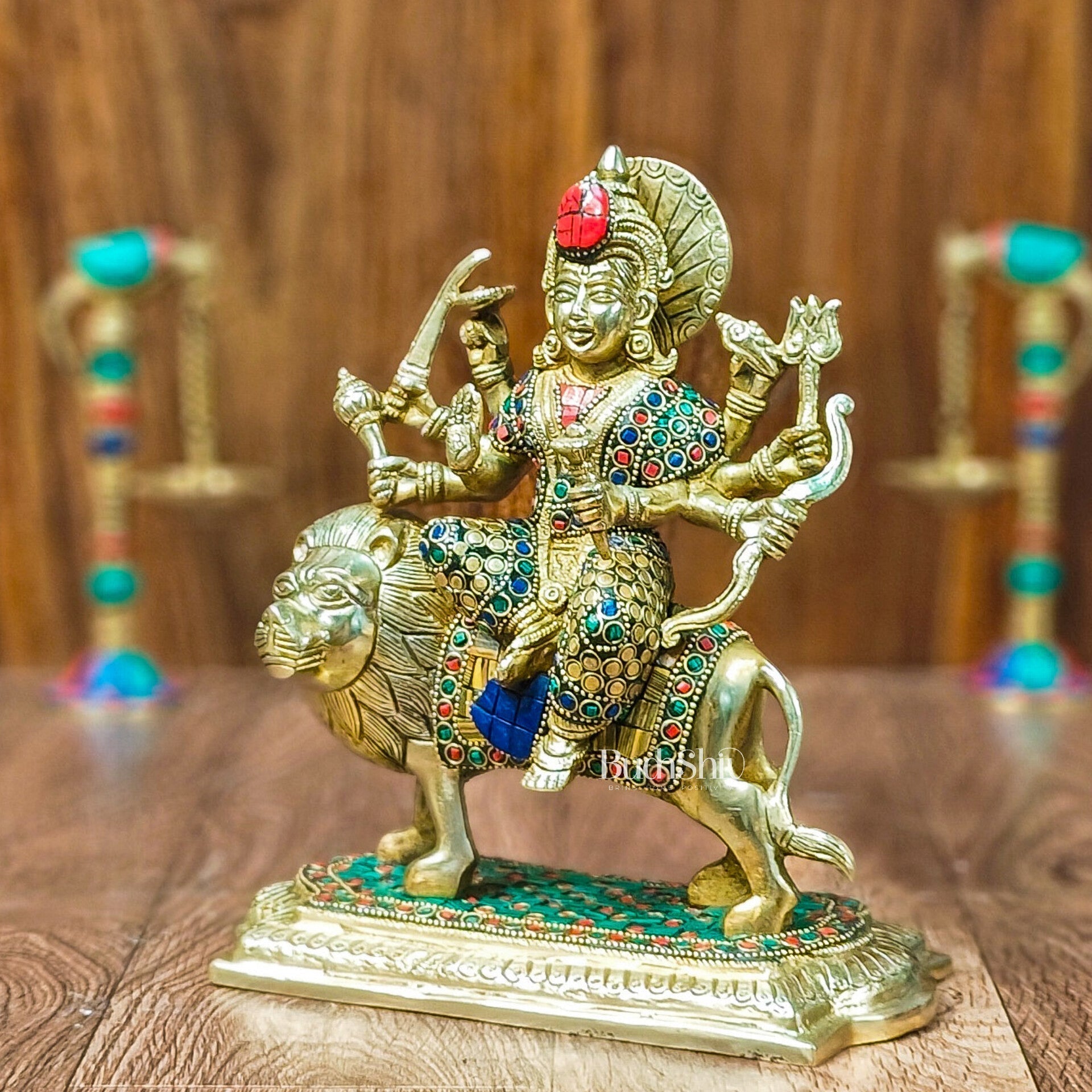 Brass Superfine Durga statue with Stonework 10 " | Brass Superfine Durga