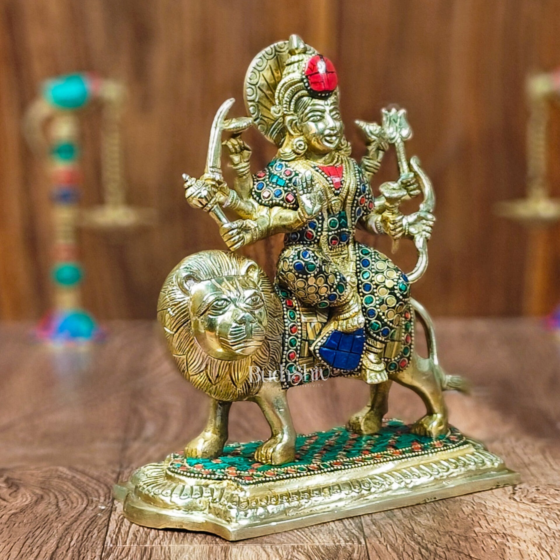 Brass Superfine Durga statue with Stonework 10 " | Brass Superfine Durga